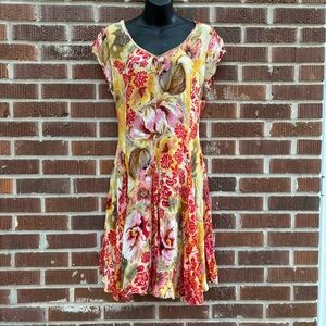Bila Exotic Mustard Yellow Floral print Cap sleeve Rayon Swing Dress Sz M